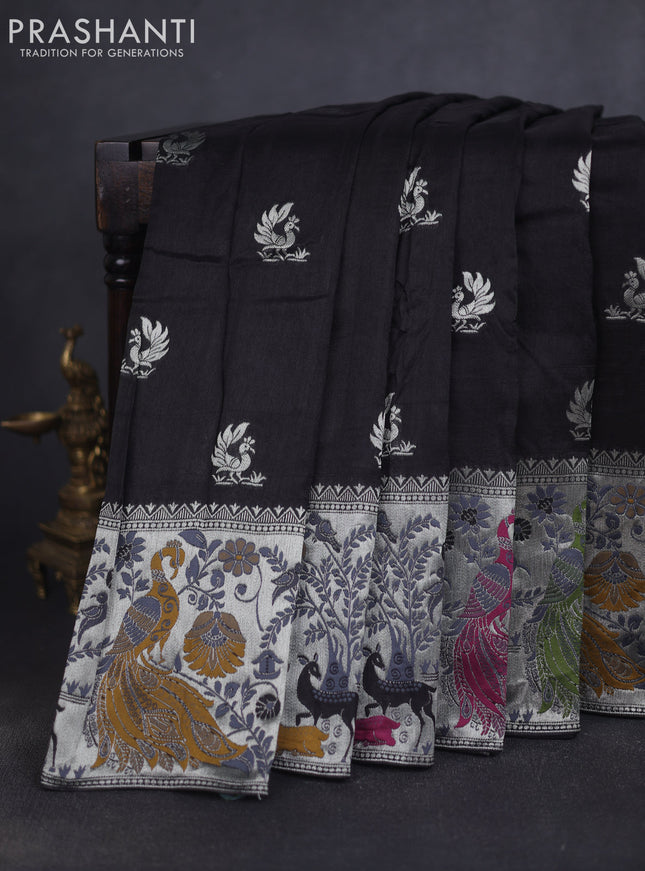 Banarasi raw silk saree black with silver zari woven peacock buttas and thread & silver zari woven border