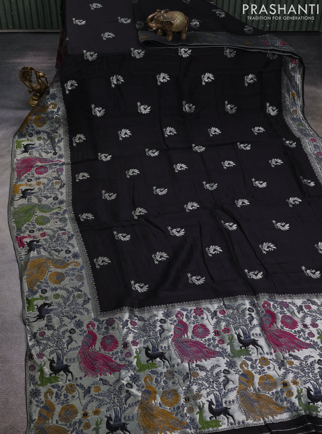 Banarasi raw silk saree black with silver zari woven peacock buttas and thread & silver zari woven border