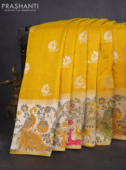 Banarasi raw silk saree yellow with silver zari woven peacock buttas and thread & silver zari woven border