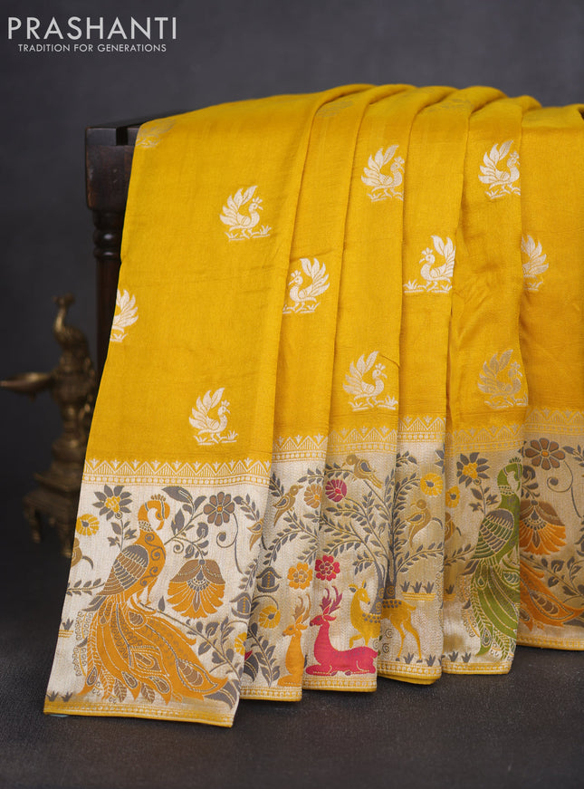 Banarasi raw silk saree yellow with silver zari woven peacock buttas and thread & silver zari woven border