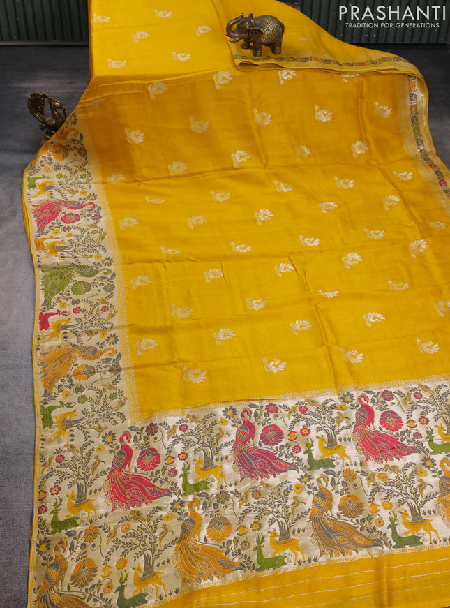 Banarasi raw silk saree yellow with silver zari woven peacock buttas and thread & silver zari woven border