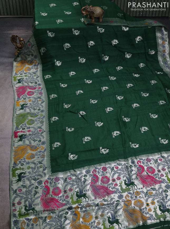 Banarasi raw silk saree green with silver zari woven peacock buttas and thread & silver zari woven border
