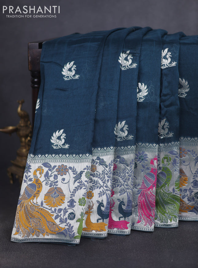 Banarasi raw silk saree peacock green with silver zari woven peacock buttas and thread & silver zari woven border