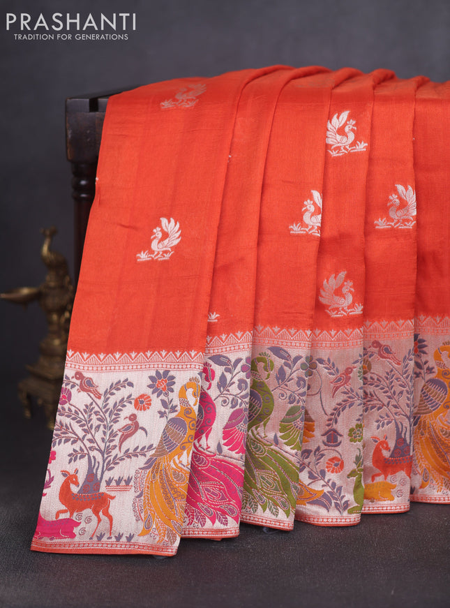 Banarasi raw silk saree orange with zari woven peacock buttas and thread & zari woven border