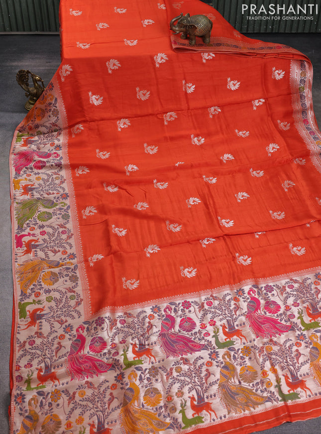 Banarasi raw silk saree orange with zari woven peacock buttas and thread & zari woven border