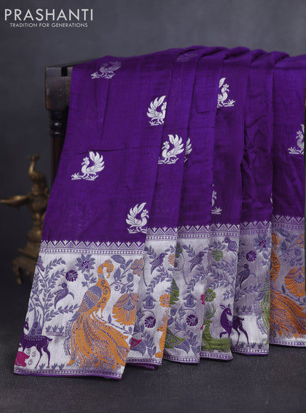 Banarasi raw silk saree violet with silver zari woven peacock buttas and thread & silver zari woven border