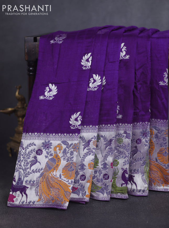 Banarasi raw silk saree violet with silver zari woven peacock buttas and thread & silver zari woven border