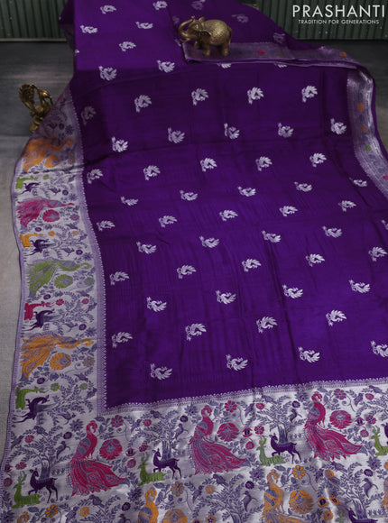 Banarasi raw silk saree violet with silver zari woven peacock buttas and thread & silver zari woven border