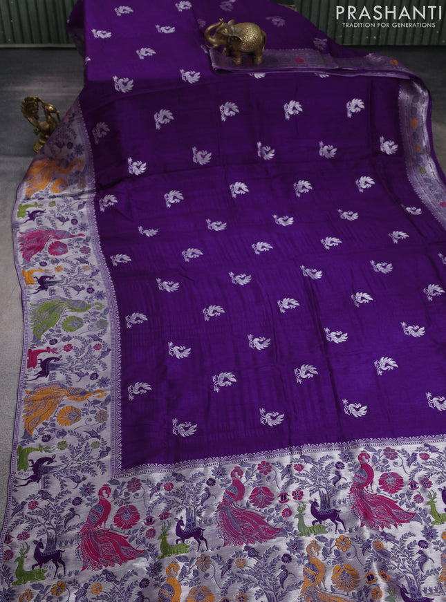 Banarasi raw silk saree violet with silver zari woven peacock buttas and thread & silver zari woven border