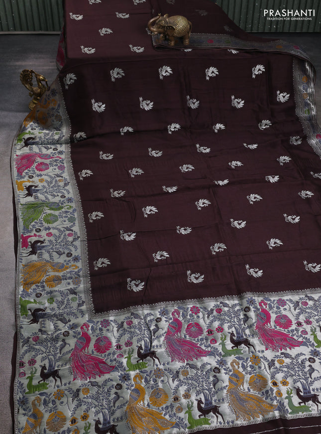 Banarasi raw silk saree coffee brown with silver zari woven peacock buttas and thread & silver zari woven border