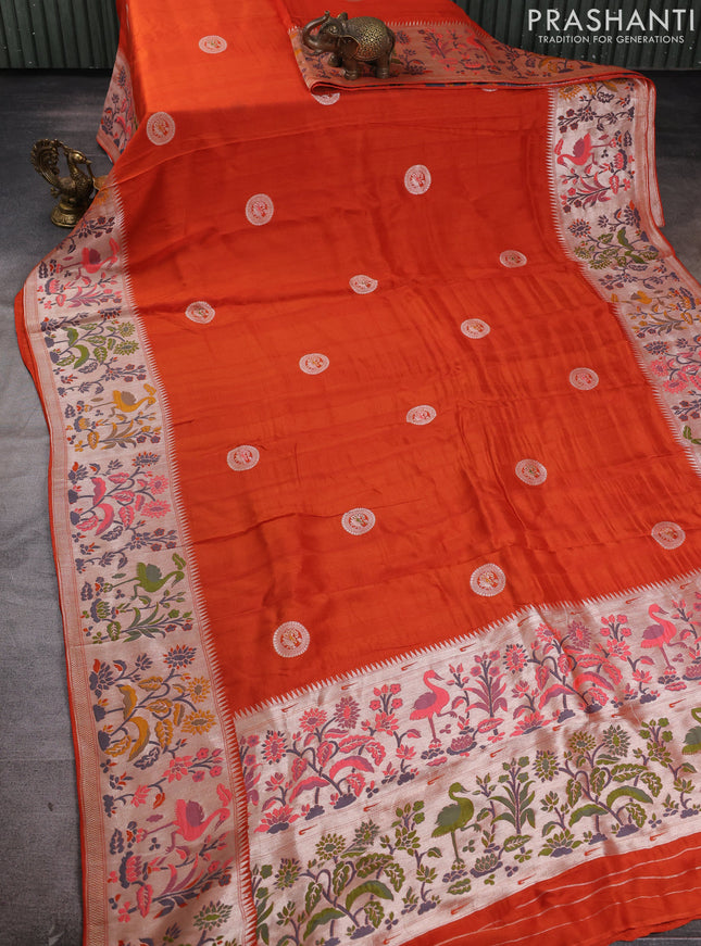 Banarasi raw silk saree orange with silver zari woven peacock buttas and thread & silver zari woven border