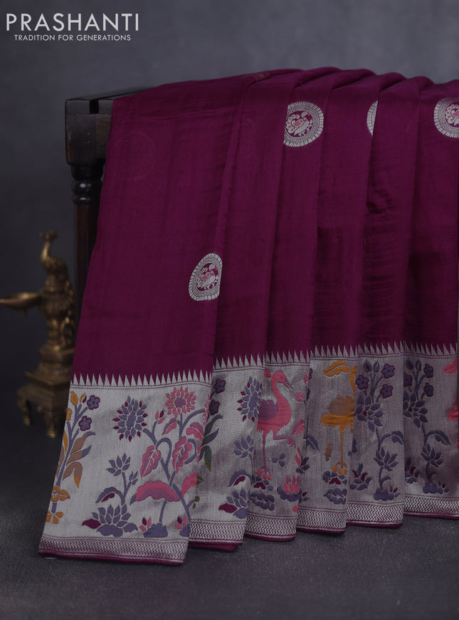 Banarasi raw silk saree wine shade with silver zari woven peacock buttas and thread & silver zari woven border
