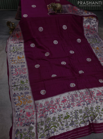 Banarasi raw silk saree wine shade with silver zari woven peacock buttas and thread & silver zari woven border