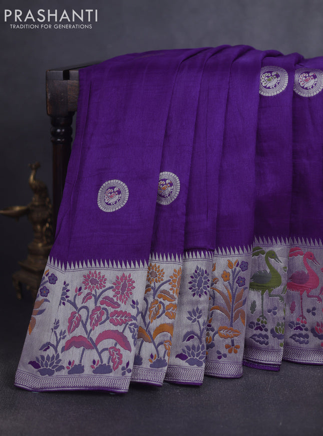 Banarasi raw silk saree violet with silver zari woven peacock buttas and thread & silver zari woven border