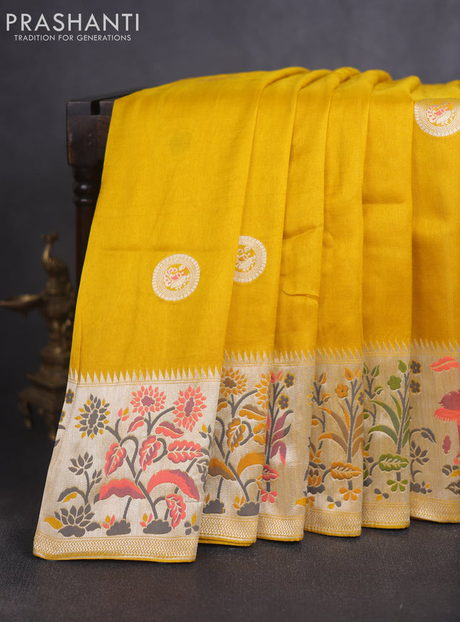 Banarasi raw silk saree yellow with silver zari woven peacock buttas and thread & silver zari woven border