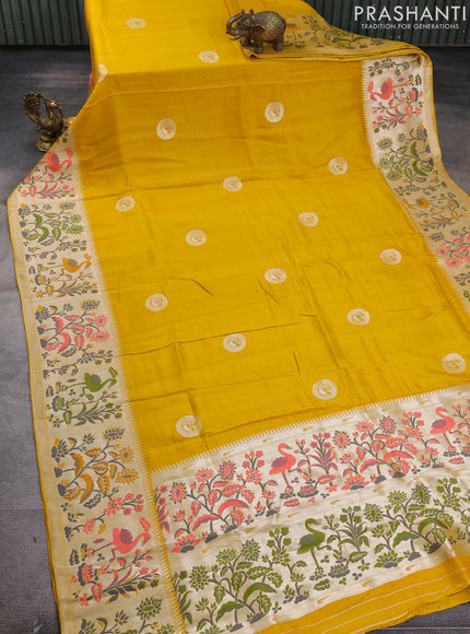 Banarasi raw silk saree yellow with silver zari woven peacock buttas and thread & silver zari woven border