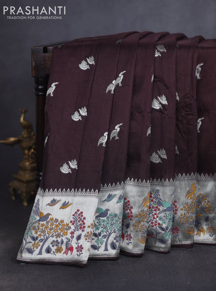 Banarasi raw silk saree coffee brown with silver zari woven buttas and silver zari woven border