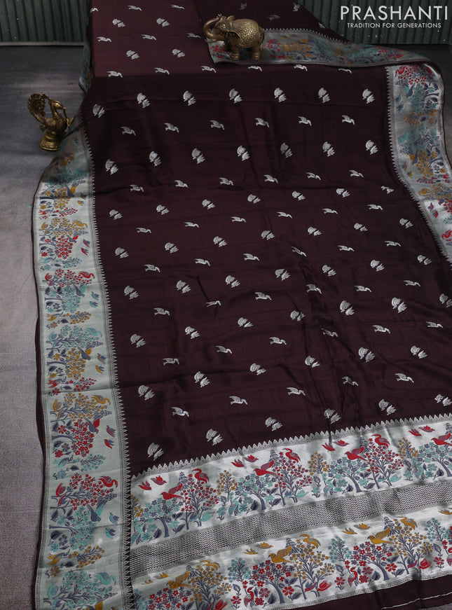 Banarasi raw silk saree coffee brown with silver zari woven buttas and silver zari woven border