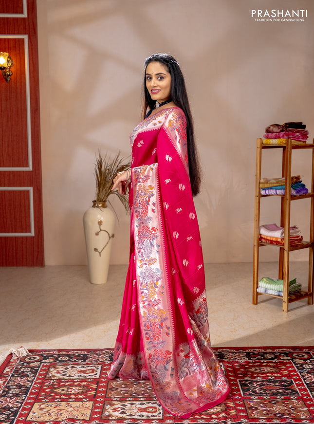 Banarasi raw silk saree red with silver zari woven buttas and silver zari woven border