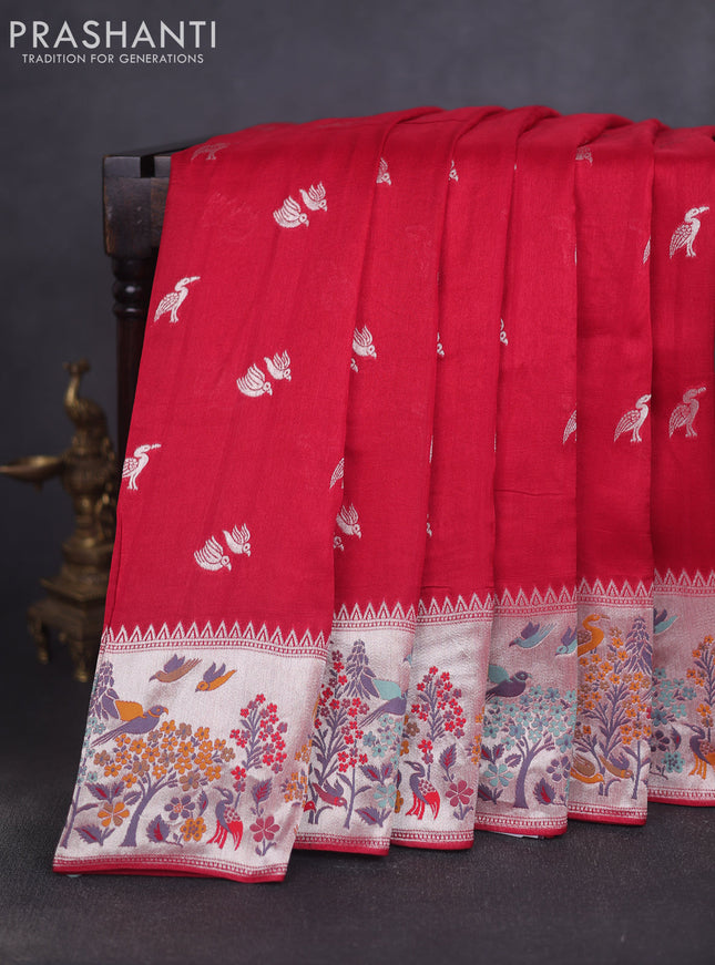 Banarasi raw silk saree red with silver zari woven buttas and silver zari woven border