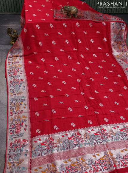 Banarasi raw silk saree red with silver zari woven buttas and silver zari woven border