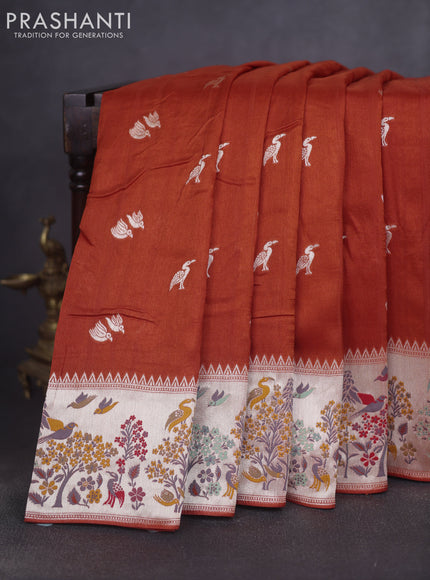 Banarasi raw silk saree orange with silver zari woven buttas and silver zari woven border