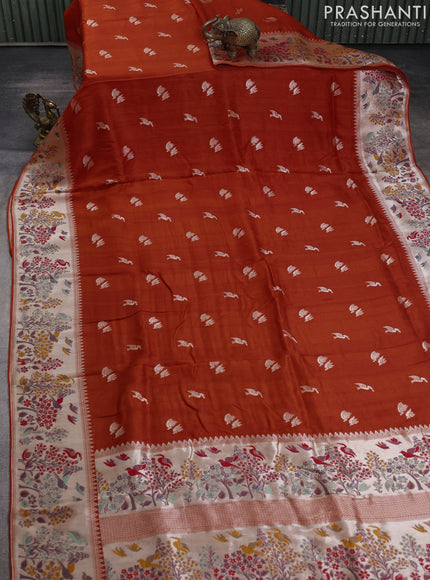 Banarasi raw silk saree orange with silver zari woven buttas and silver zari woven border
