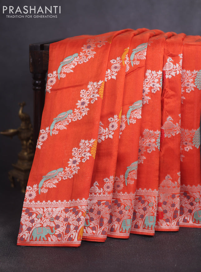 Banarasi raw silk saree orange with allover thread & silver zari weaves and elephant design silver zari woven border