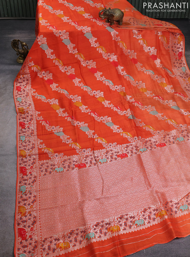 Banarasi raw silk saree orange with allover thread & silver zari weaves and elephant design silver zari woven border