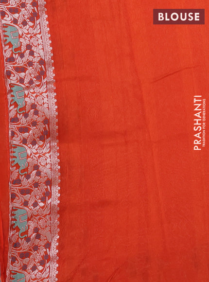 Banarasi raw silk saree orange with allover thread & silver zari weaves and elephant design silver zari woven border