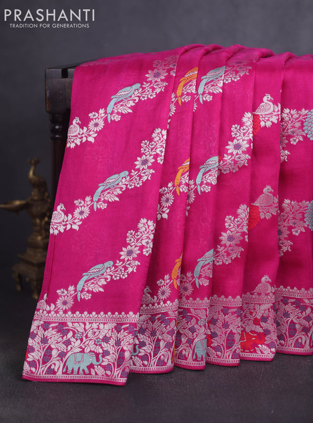 Banarasi raw silk saree pink with allover thread & silver zari weaves and elephant design silver zari woven border