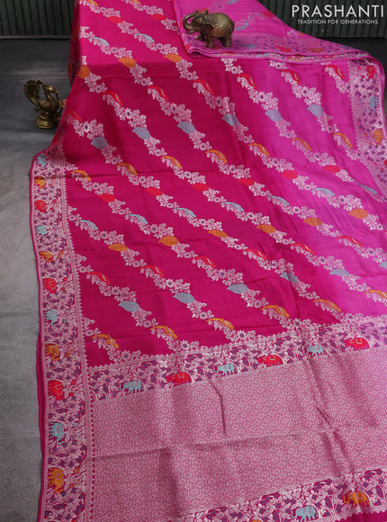 Banarasi raw silk saree pink with allover thread & silver zari weaves and elephant design silver zari woven border