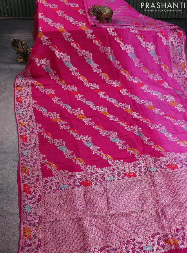 Banarasi raw silk saree pink with allover thread & silver zari weaves and elephant design silver zari woven border