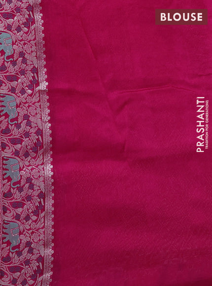 Banarasi raw silk saree pink with allover thread & silver zari weaves and elephant design silver zari woven border