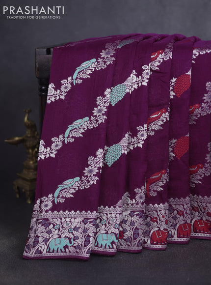 Banarasi raw silk saree purple and deep purple with allover thread & silver zari weaves and elephant design silver zari woven border