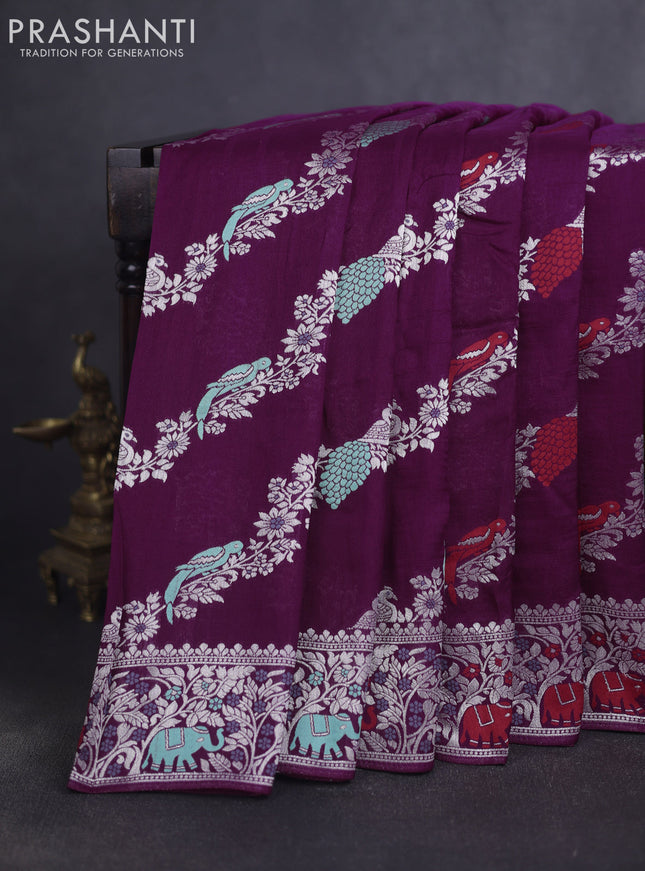 Banarasi raw silk saree purple and deep purple with allover thread & silver zari weaves and elephant design silver zari woven border