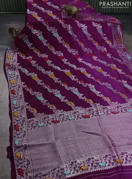 Banarasi raw silk saree purple and deep purple with allover thread & silver zari weaves and elephant design silver zari woven border