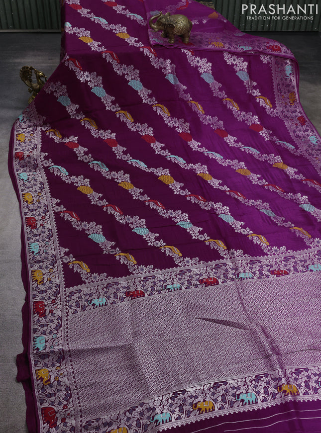 Banarasi raw silk saree purple and deep purple with allover thread & silver zari weaves and elephant design silver zari woven border