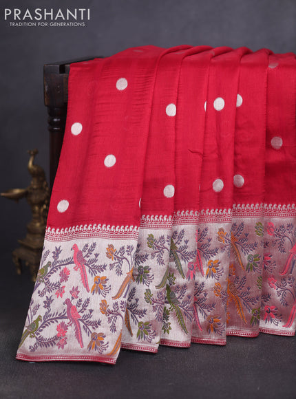 Banarasi raw silk saree red with silver zari woven geometric buttas and long silver zari woven border