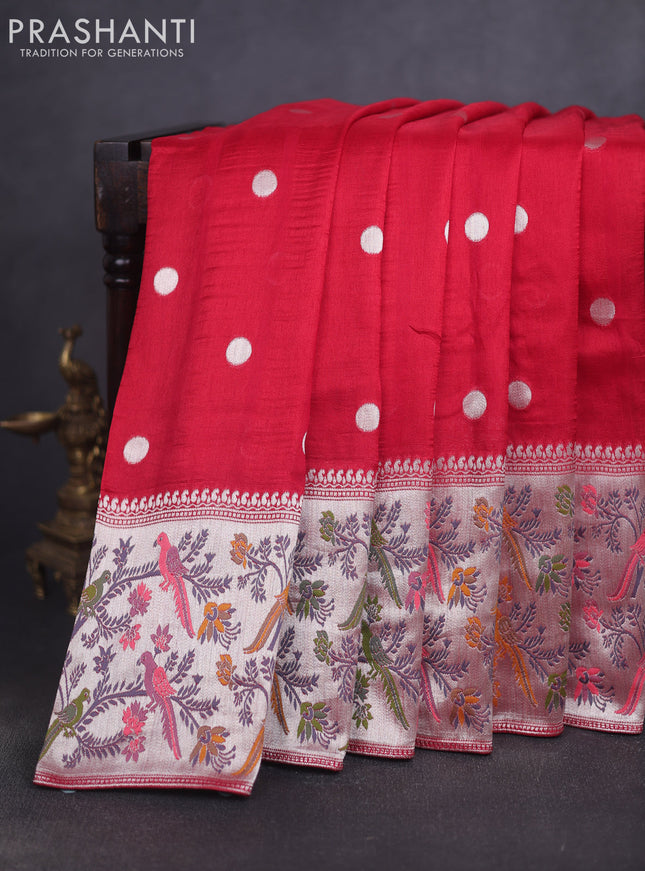 Banarasi raw silk saree red with silver zari woven geometric buttas and long silver zari woven border