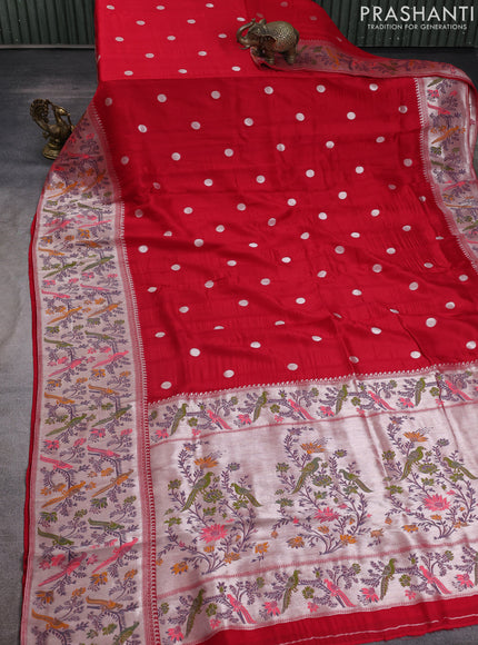 Banarasi raw silk saree red with silver zari woven geometric buttas and long silver zari woven border