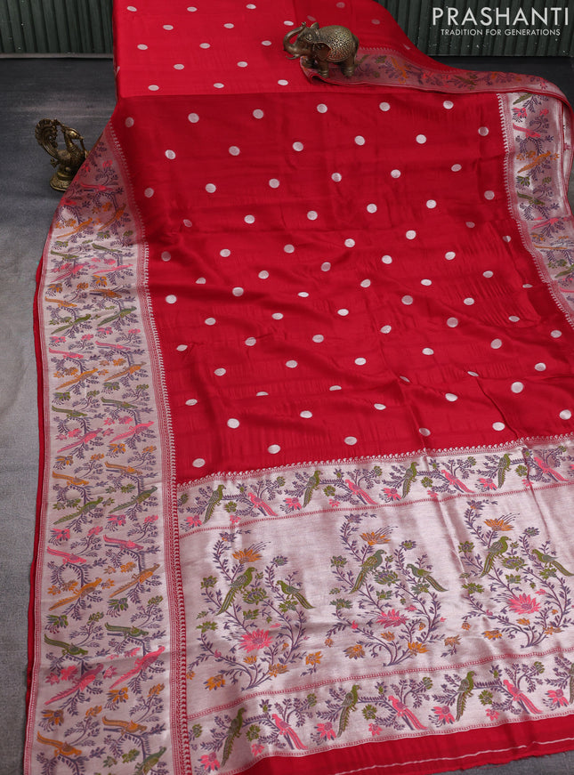 Banarasi raw silk saree red with silver zari woven geometric buttas and long silver zari woven border