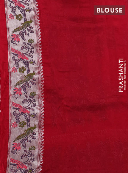 Banarasi raw silk saree red with silver zari woven geometric buttas and long silver zari woven border