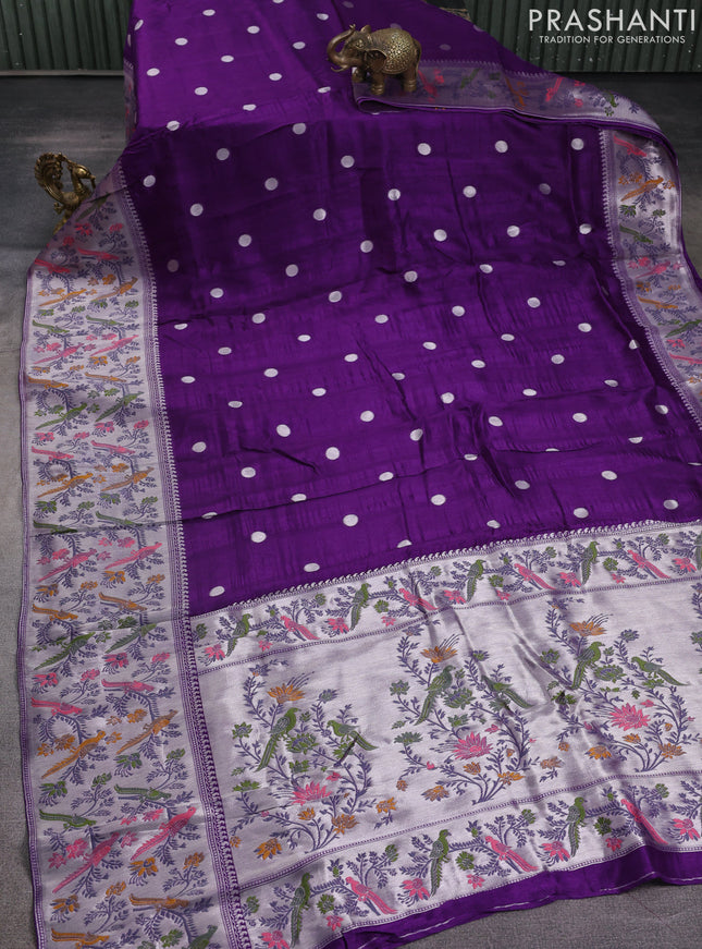 Banarasi raw silk saree violet with silver zari woven geometric buttas and long silver zari woven border