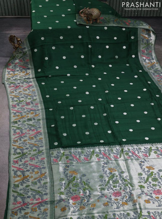 Banarasi raw silk saree dark green with silver zari woven geometric buttas and long silver zari woven border
