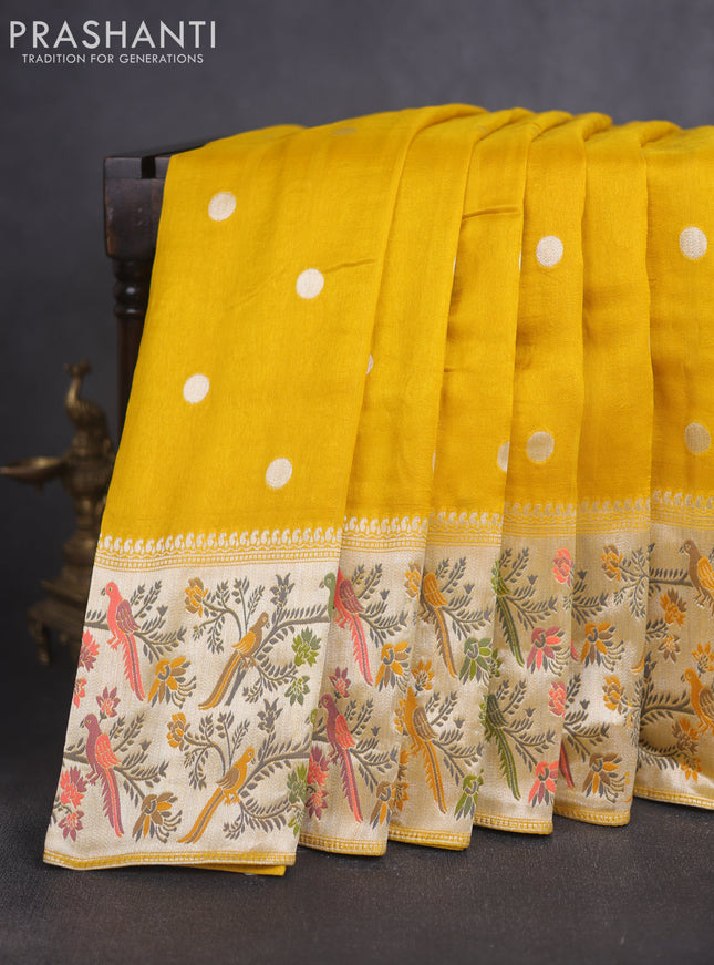 Banarasi raw silk saree yellow with silver zari woven geometric buttas and long silver zari woven border