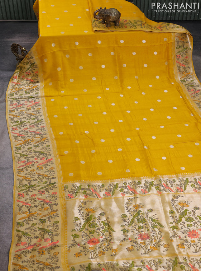 Banarasi raw silk saree yellow with silver zari woven geometric buttas and long silver zari woven border