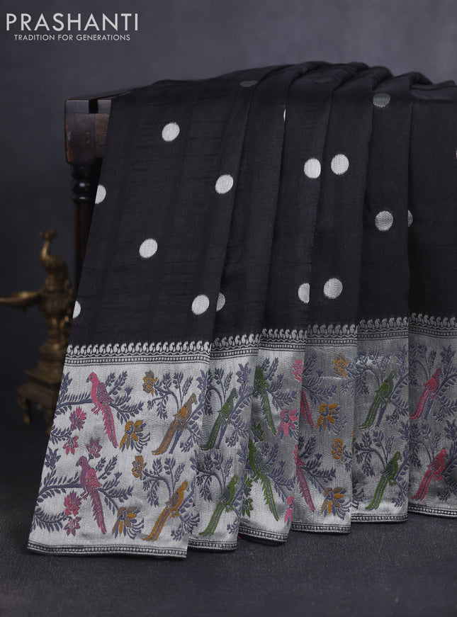 Banarasi raw silk saree black with silver zari woven geometric buttas and long silver zari woven border
