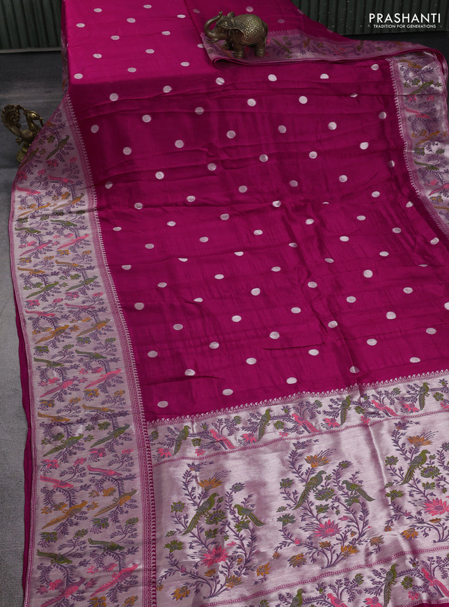 Banarasi raw silk saree pink with silver zari woven geometric buttas and long silver zari woven border