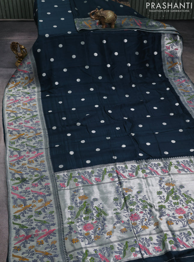 Banarasi raw silk saree dark peacock green with silver zari woven geometric buttas and long silver zari woven border